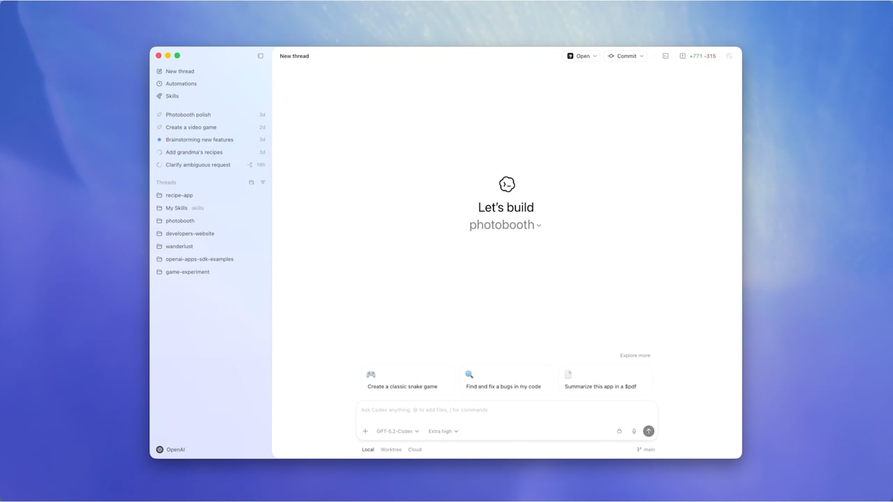 The Codex app showing projects, threads, skills, and automations